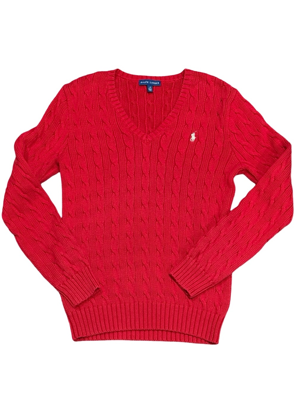 Ralph Lauren Women’s Bright Red Cable-Knit V-Neck Sweater GOLD POLO HORSE